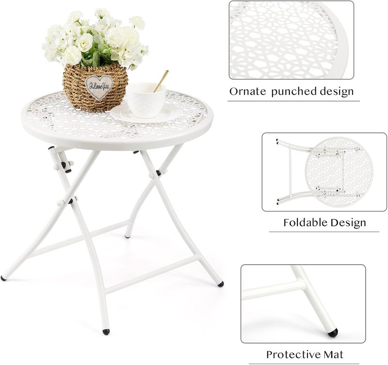 TeoKJ Folding Outdoor Side Tables, Anti Rust Small Patio Table Round Metal Nightstand with Flower Cutouts for Porch Yard Balcony Deck Lawn, White - Image 5